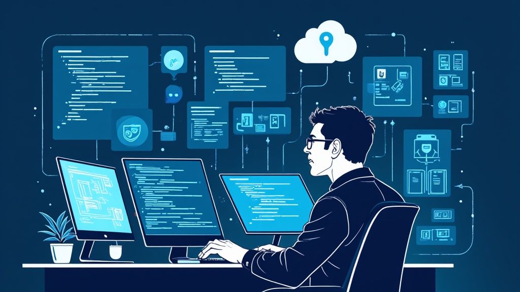 Cyber security professional analysing data on multiple screens in a modern office