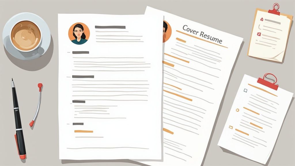 Flat lay of a desk with resumes, cover letters, coffee, and a pen, ready for job applications.