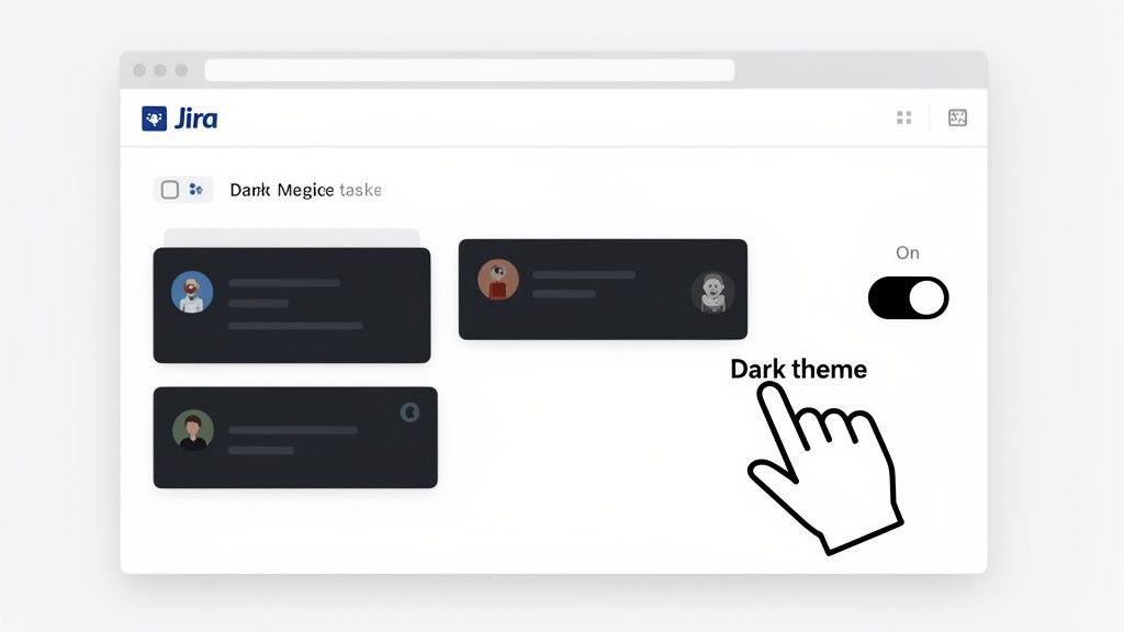 Jira interface displaying dark theme, with the 'Dark theme' toggle switched 'On' and a hand cursor.