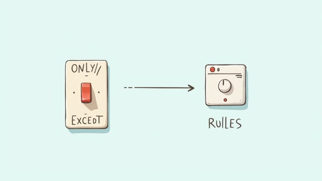 An illustration of a switch labeled 'ONLY // EXCEPT' pointing to a control panel for 'RULES'.