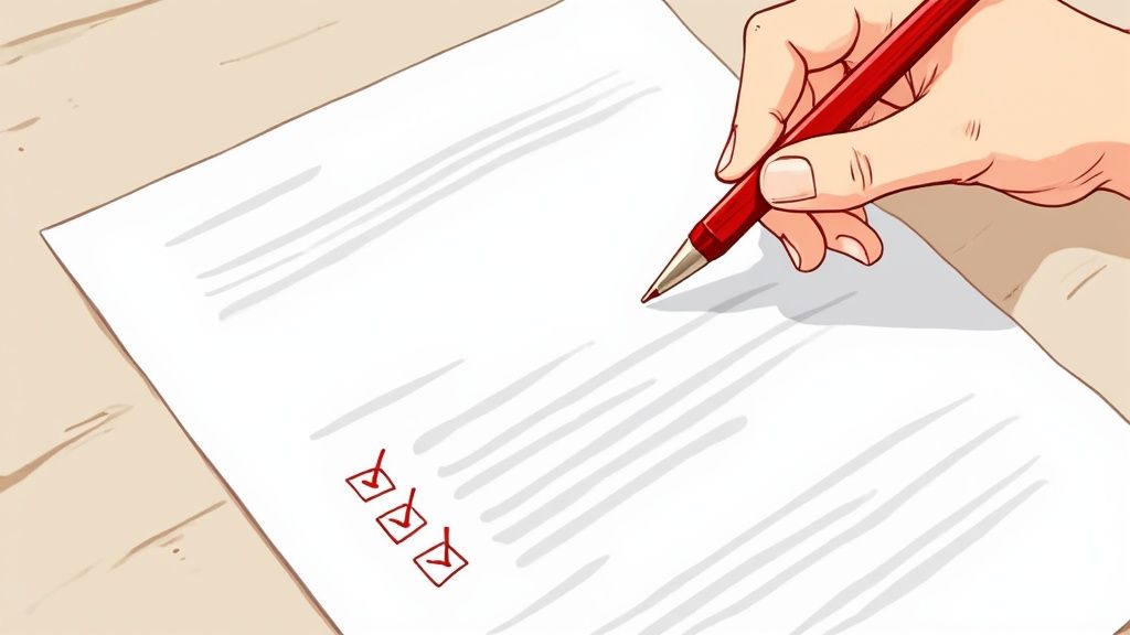 A person carefully reviewing a document at a desk, with a laptop and coffee nearby, representing the refinement process.