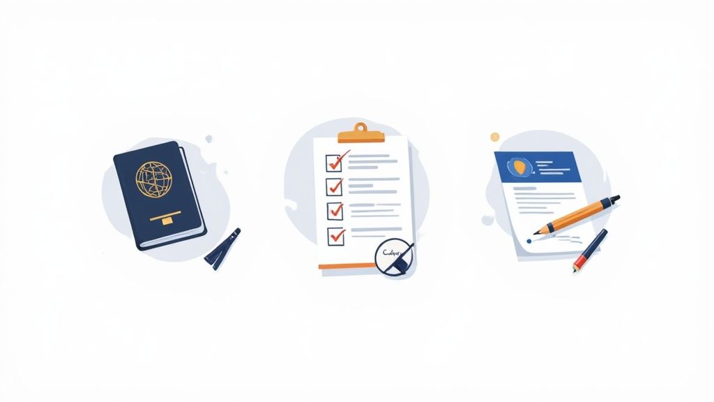 Illustrations of a passport, a checklist on a clipboard, and a document with a pen, representing official processes.