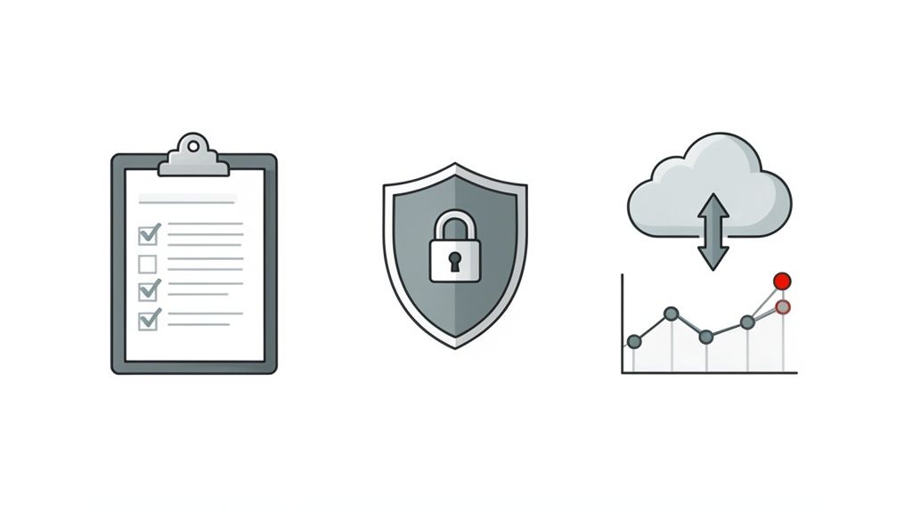 Icons representing checklist, data security, and cloud analytics with a line graph.