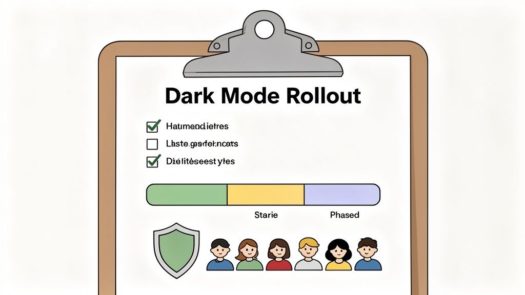 A clipboard showing a 'Dark Mode Rollout' plan with a checklist, a progress bar, and user icons.