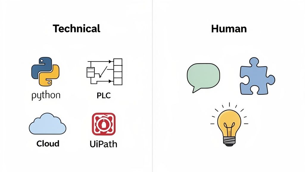 An image contrasting technical concepts like Python, PLC, Cloud, UiPath with human concepts of communication, problem-solving, and ideas.