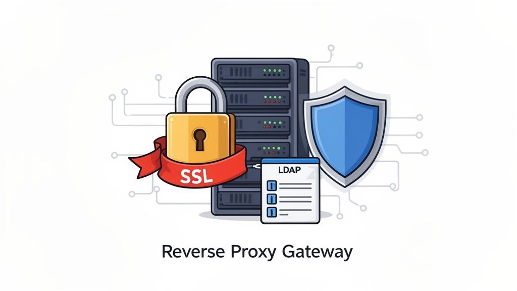 An illustration of a reverse proxy gateway secured with SSL, LDAP, a server, and a firewall shield.