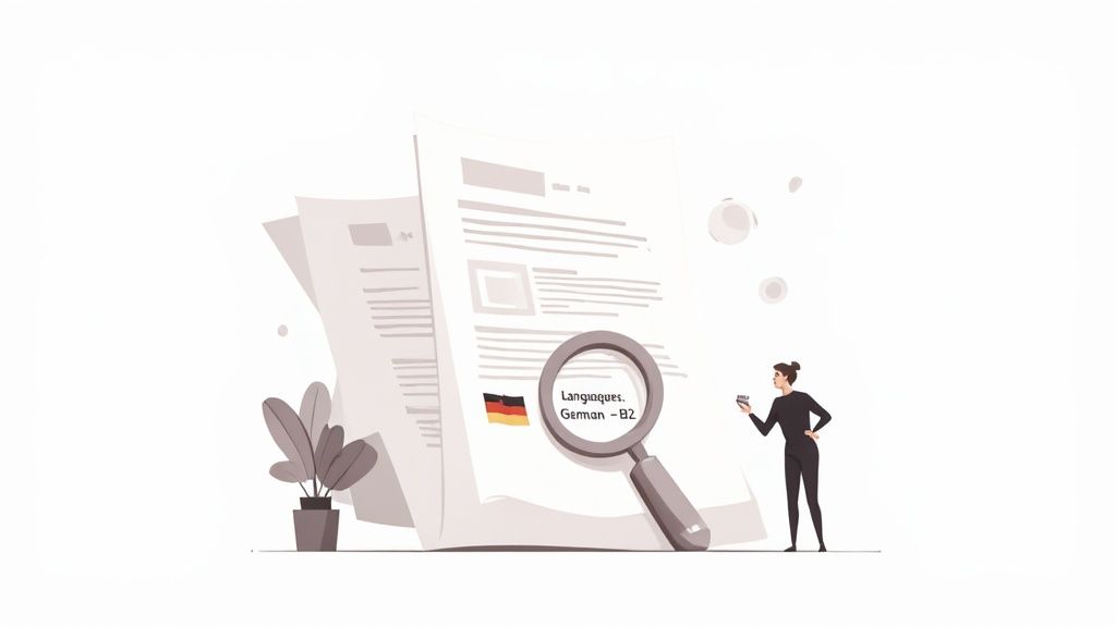 Professional woman examining resume document with magnifying glass showing German language B2 proficiency level