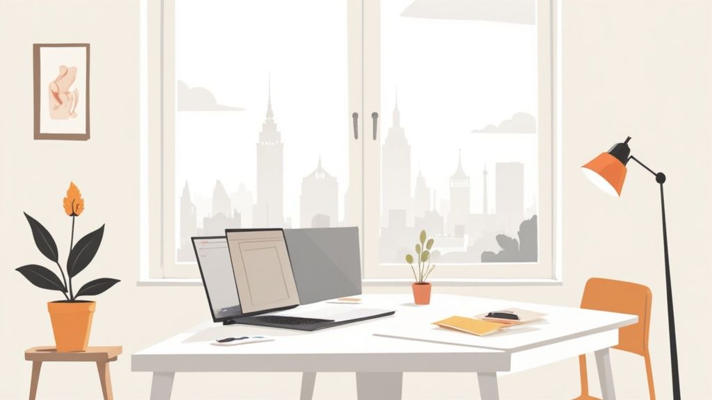 A person working comfortably on a laptop in a bright, modern home office setting.