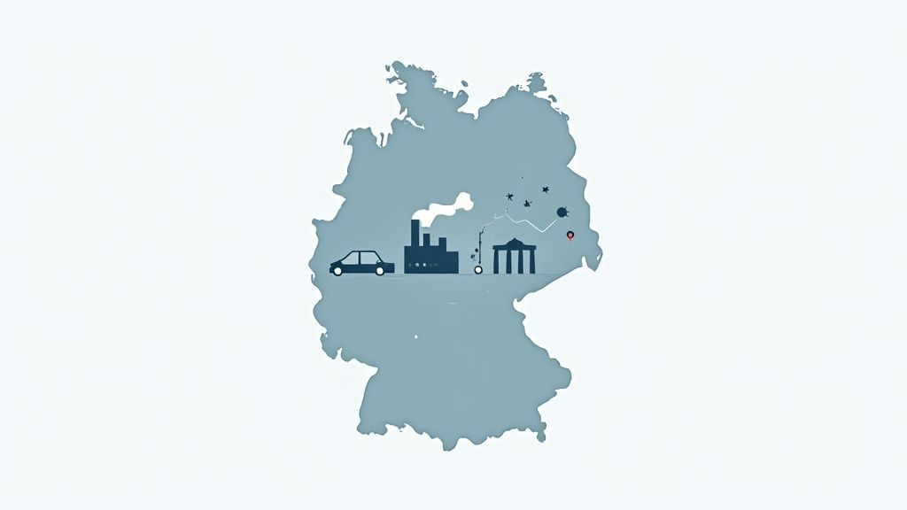 An illustration of Germany's map with icons representing industries, economy, and data points.