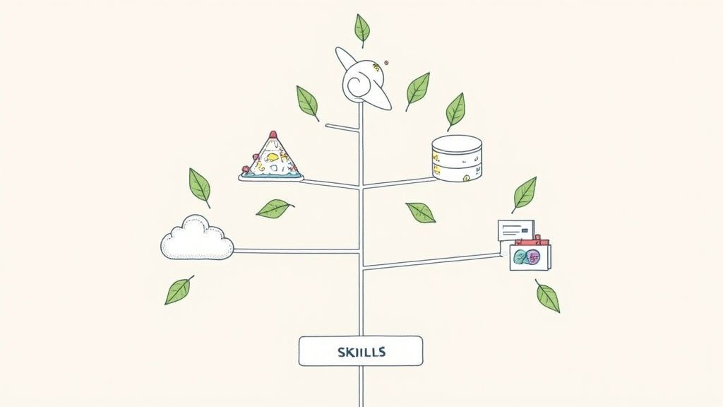 An illustration showing 'SKIILLS' as a tree trunk, branching to cloud, database, and other concept icons, surrounded by leaves.