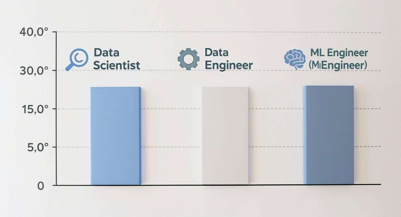 Bar chart comparing Data Scientist, Data Engineer, and ML Engineer roles across an unspecified metric.