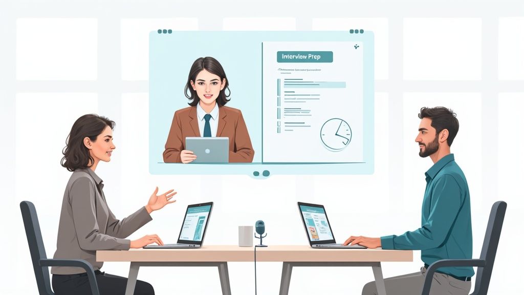 Three people, two in-person and one virtual, collaborate on a remote 'Interview Prep' session with laptops.