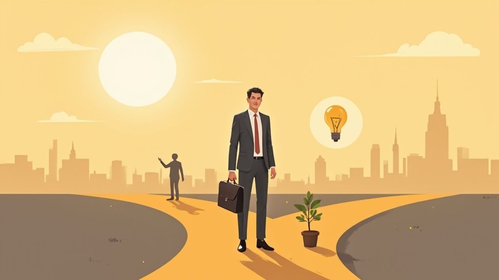 A smiling professional in their 40s confidently looking towards their future career path.