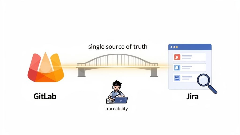 An illustration showing GitLab and Jira connected by a bridge, representing a single source of truth and traceability.