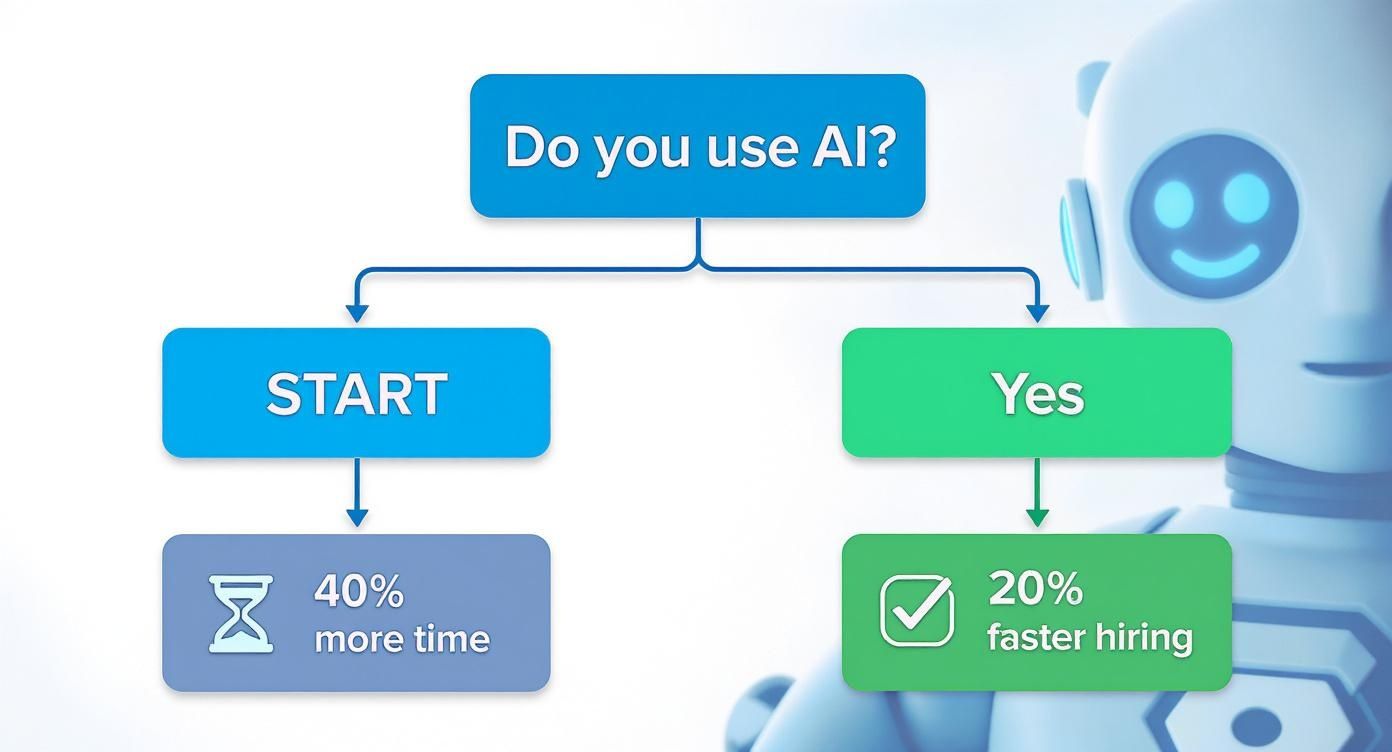 Flowchart showing AI's impact on hiring: no AI means 40% more time; AI leads to 20% faster hiring.