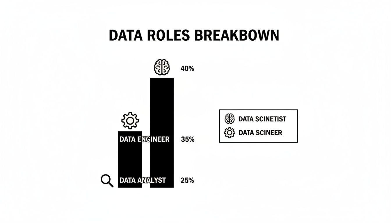 Bar chart illustrating data roles breakdown: Data Scientist (40%), Data Engineer (35%), and Data Analyst (25%).