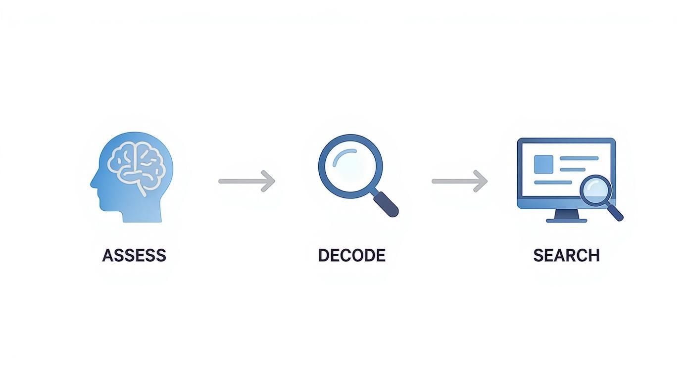 A three-step process diagram with icons: assess (brain), decode (magnifying glass), and search (computer).