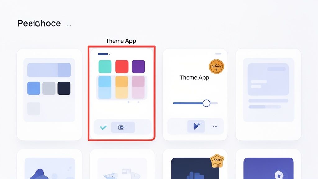A user interface display with various theme app design cards, highlighting a colorful theme with action buttons.