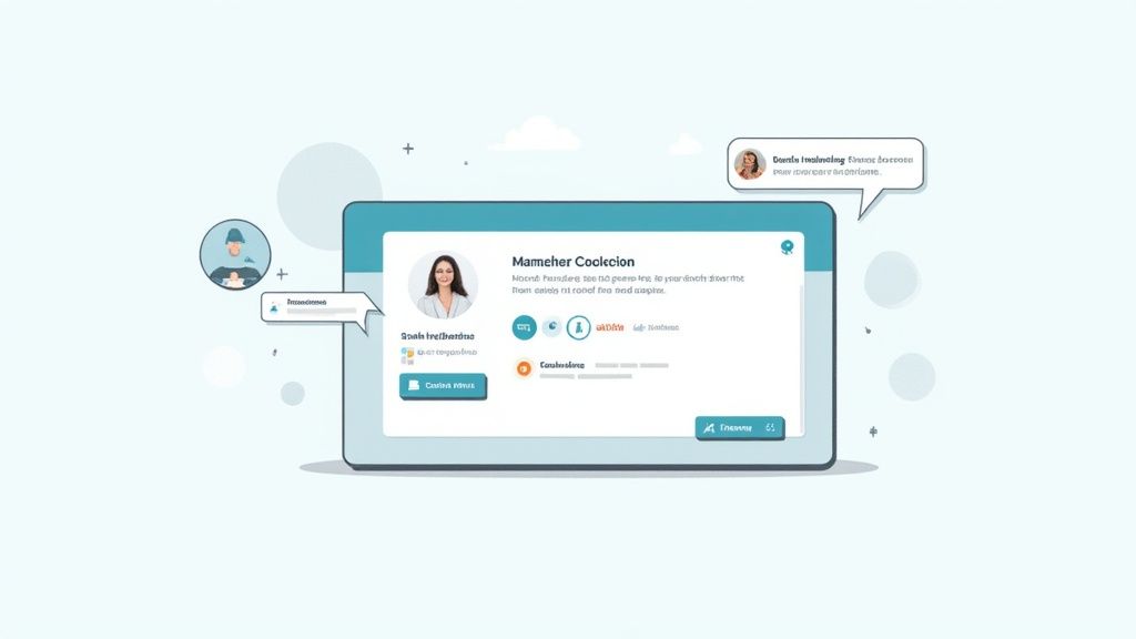 A digital screen displaying a profile with a woman's photo, name, and text, surrounded by chat bubbles.