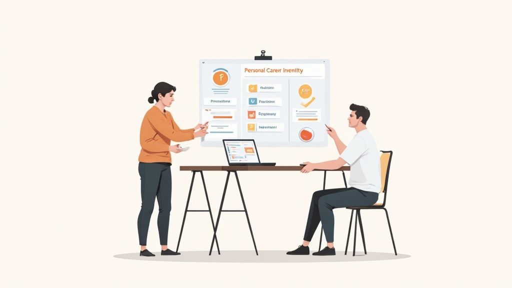 A person thoughtfully mapping out their career path on a whiteboard with sticky notes.