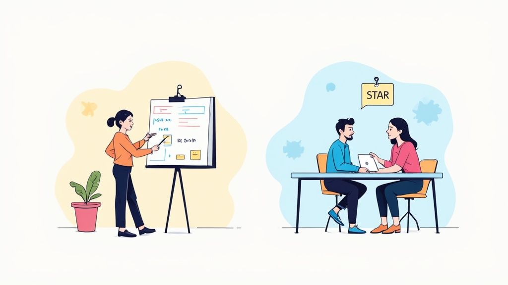 Two scenes depicting a woman presenting on a whiteboard and two colleagues discussing at a table.