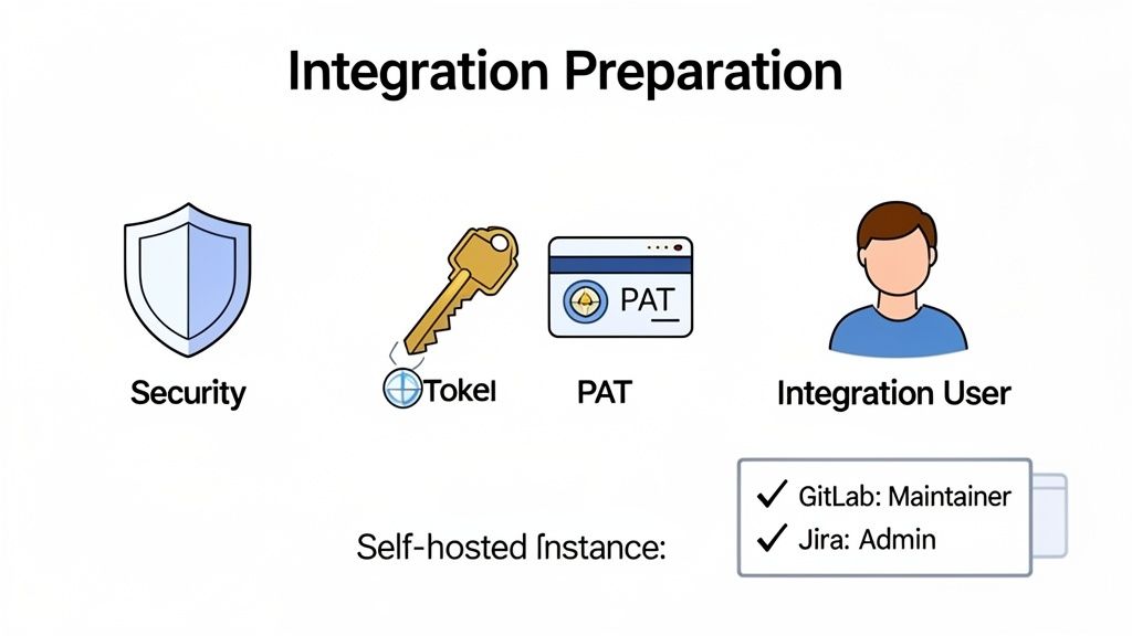 Visualizing integration preparation: security, token, PAT, and a user with GitLab maintainer and Jira admin roles.