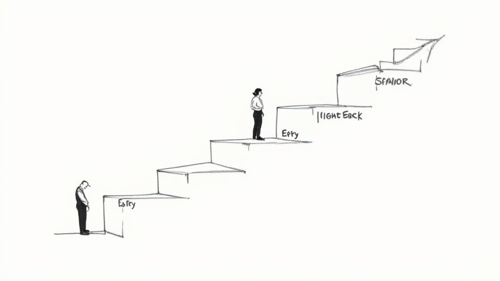Two professionals at different career levels on ascending staircase showing progression from entry to senior roles