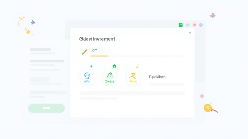 A minimalist web application interface showing a 'Guest Investment' modal with various feature icons and a progress bar.