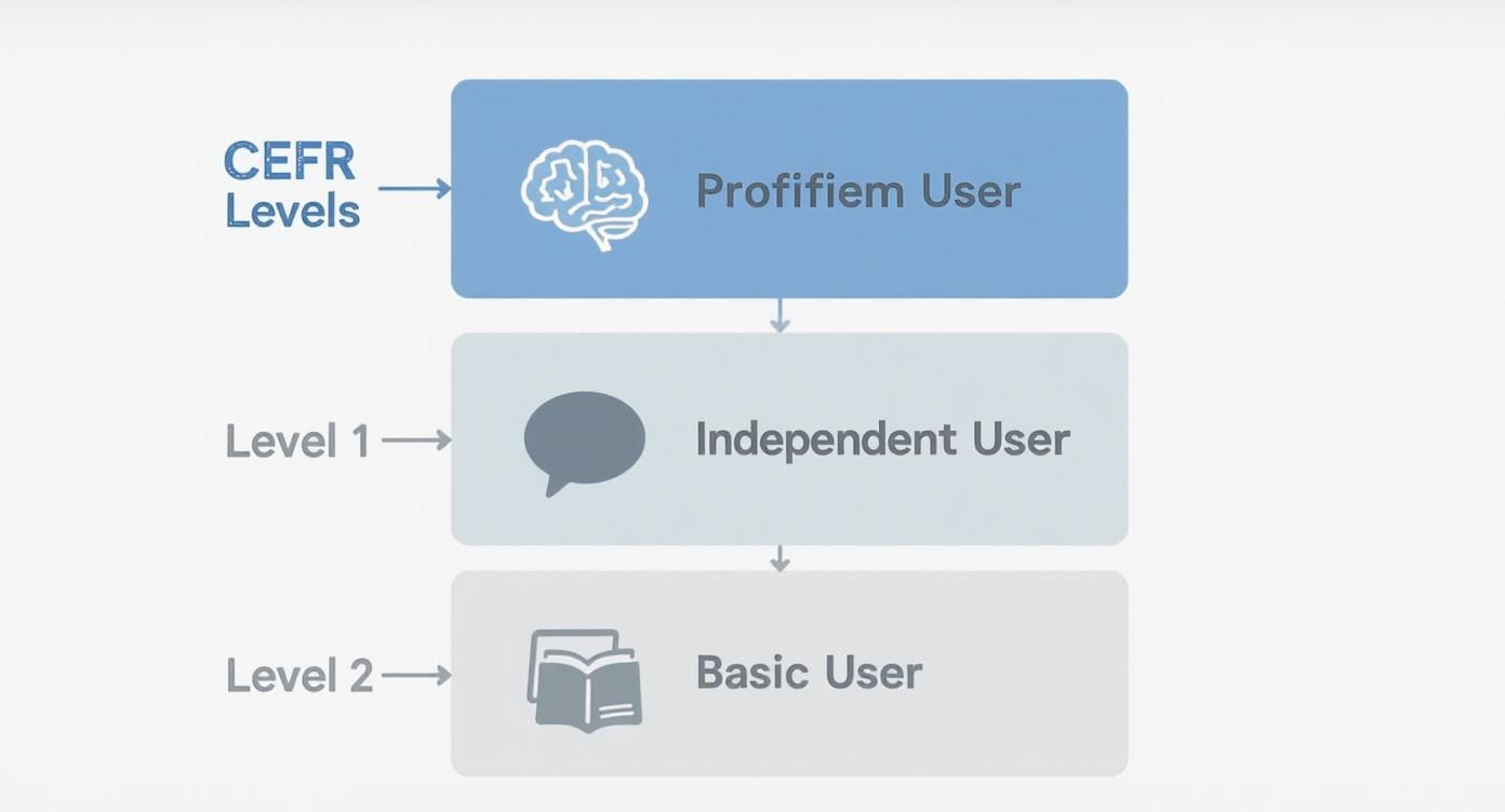 CEFR language proficiency levels diagram showing progression from proficient user to independent and basic user