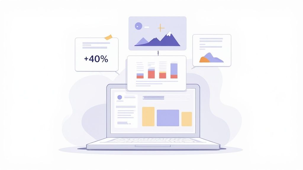 A laptop displaying a dashboard with floating charts and data, illustrating business intelligence and performance.