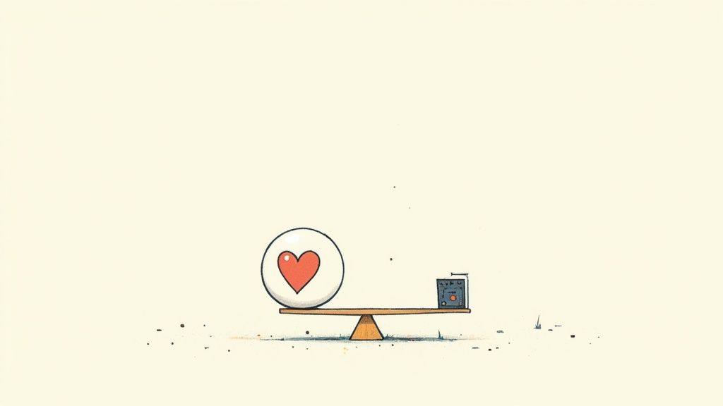 Person looking thoughtfully at a laptop with question marks floating around.