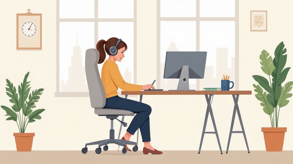 A young woman wearing headphones, working on a computer at a home office desk.