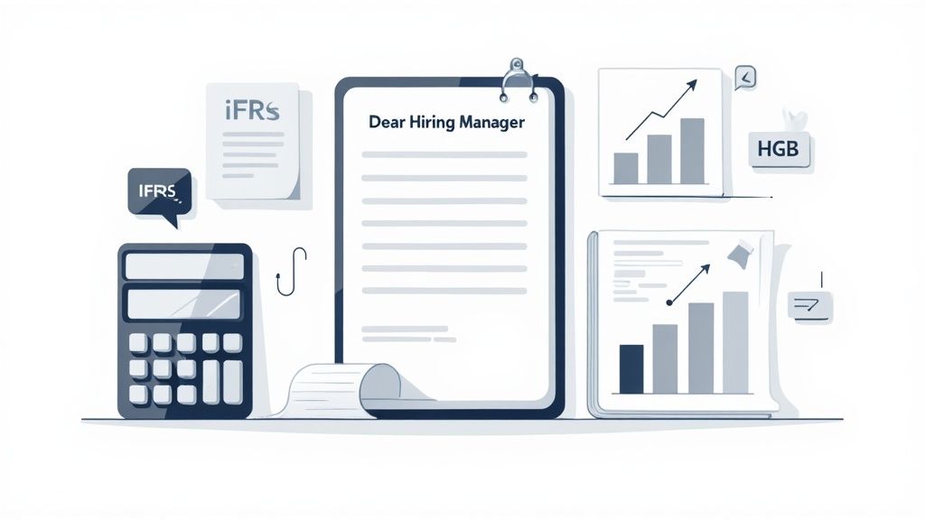 Illustration of financial documents, a calculator, bar graphs, and a cover letter for a hiring manager.