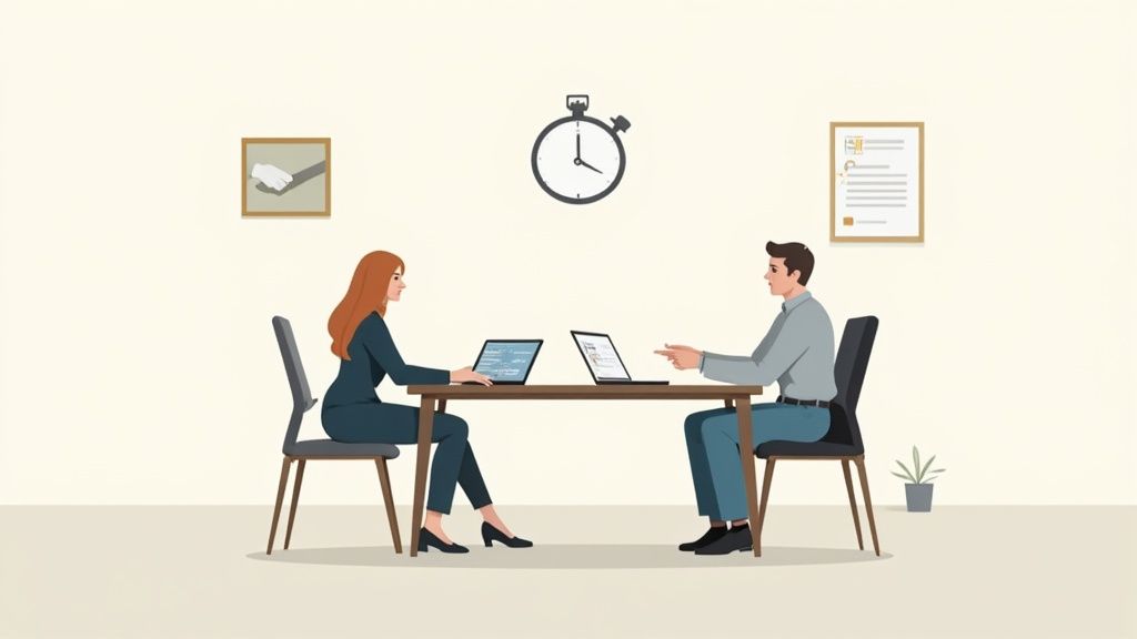 Two professionals collaborate on laptops at a table during a timed session, with a resume in the background.