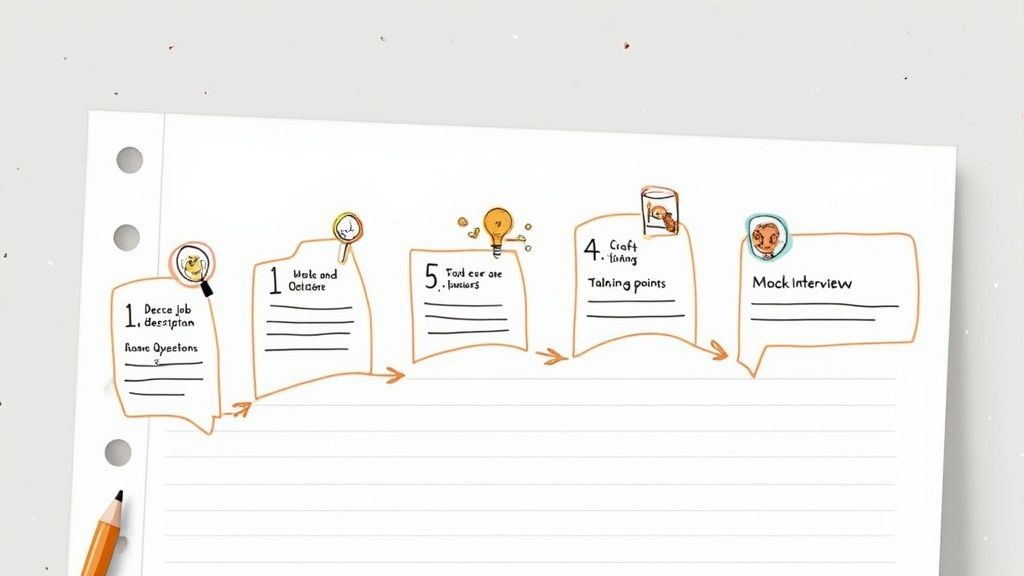 A person sitting at a desk and preparing for an interview with a laptop and notebook.