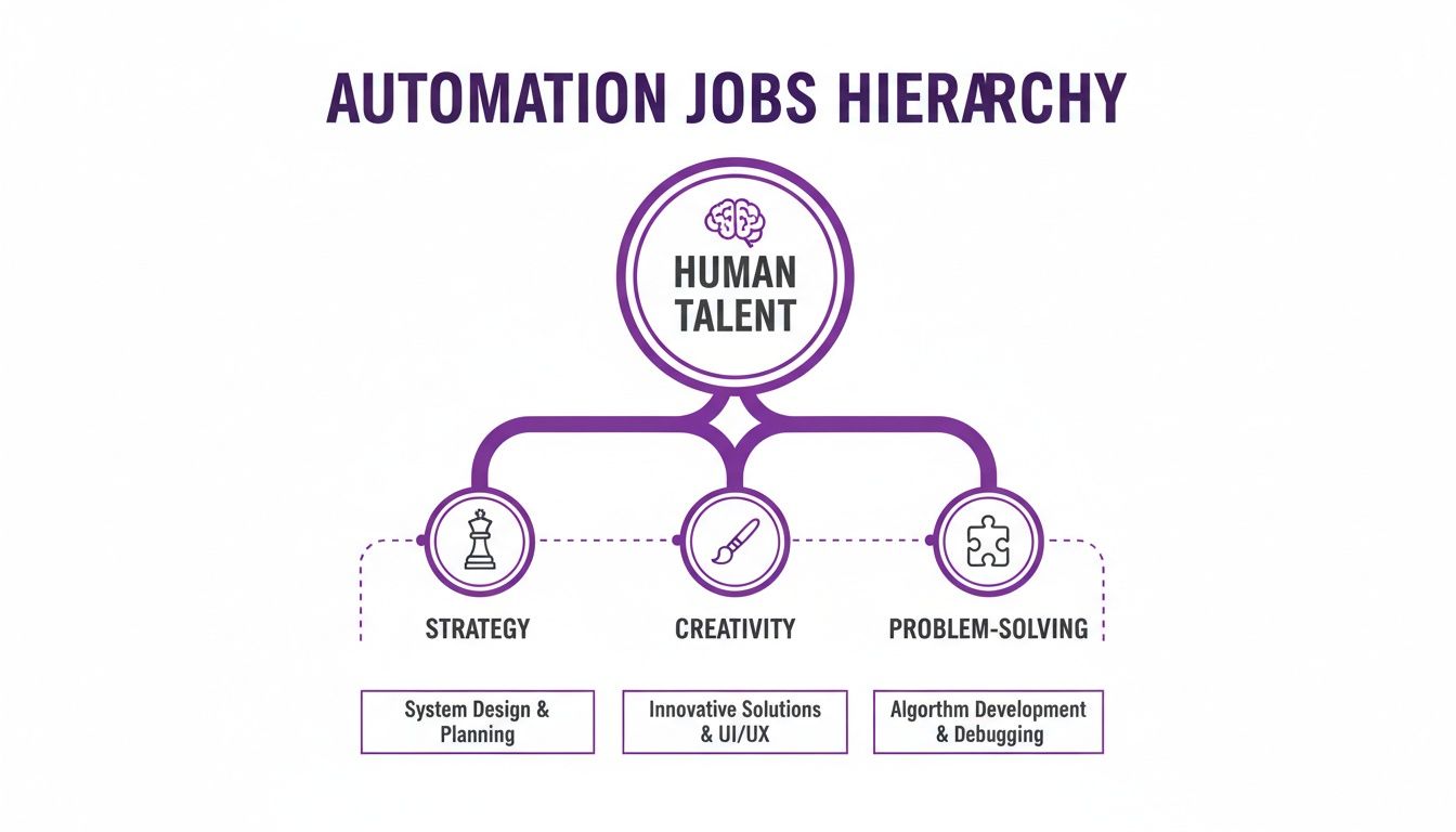 Hierarchy chart showing human talent as central to automation jobs, branching into strategy, creativity, and problem-solving.
