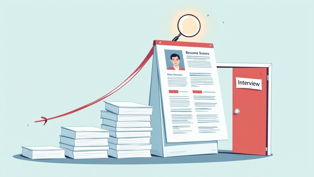 Illustration showing a large stack of resumes leading to one selected for an interview.