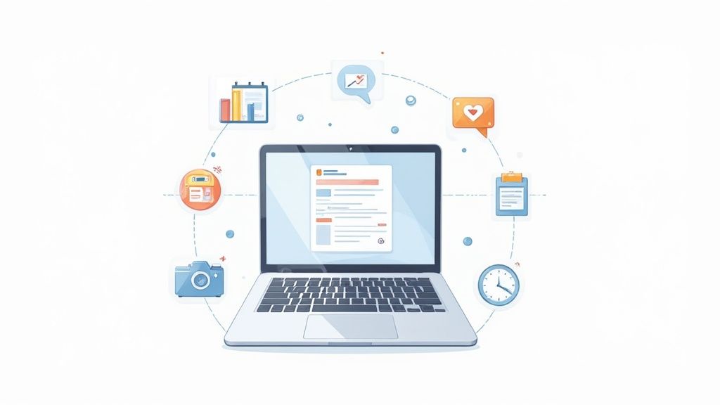 A person's hands typing on a laptop with social media icons and graphs displayed on the screen, showing the analytical side of the job.