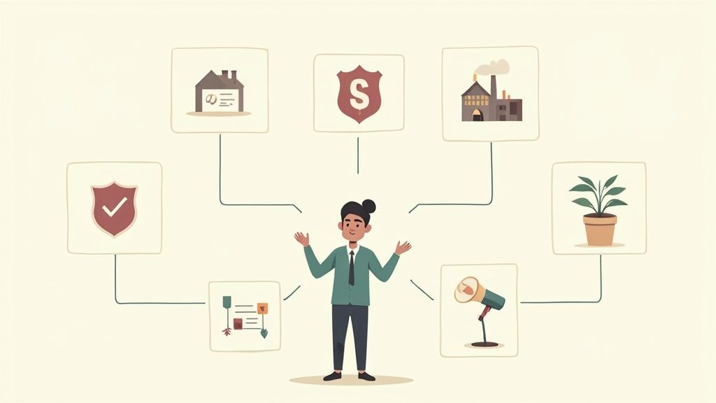 A sustainability manager presenting a strategy to colleagues in a bright, modern office with green plants.