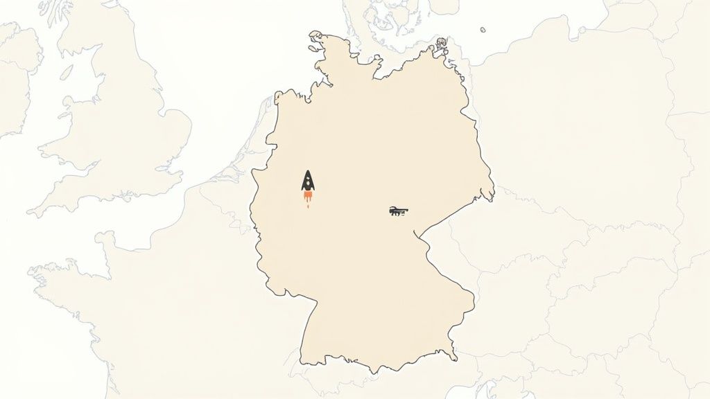 Skyline view of a major German city at dusk, representing job opportunities