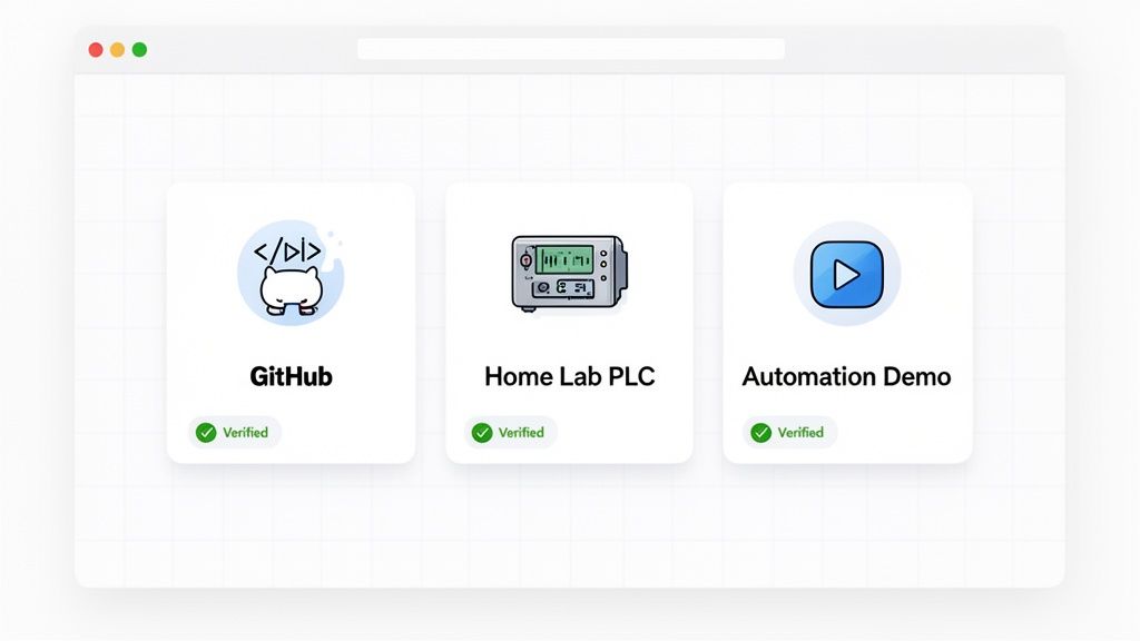 Digital interface showing verified cards for GitHub, Home Lab PLC, and an automation demo.