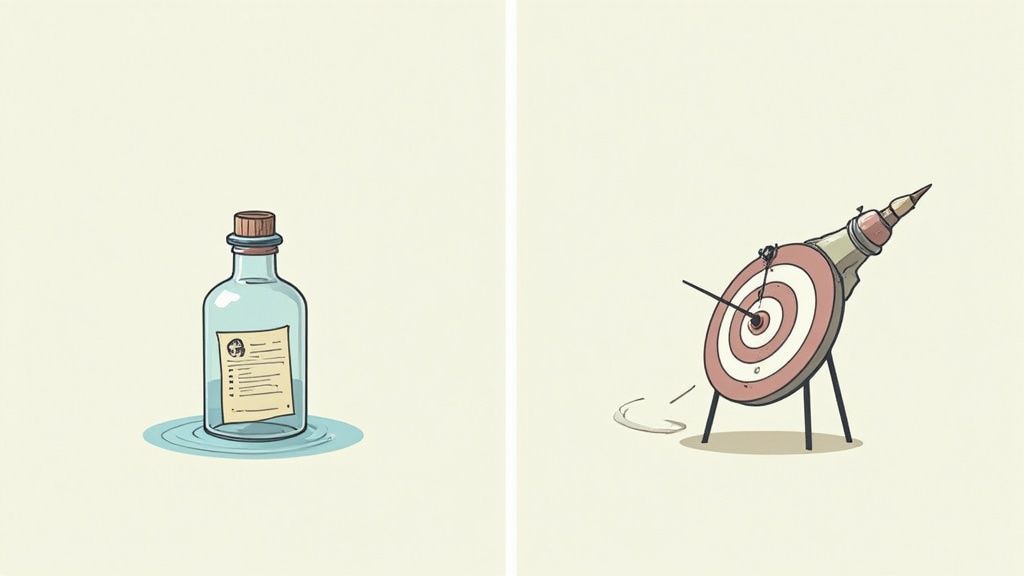 Two illustrations: a message in a bottle with a resume, and an arrow hitting a bullseye target.