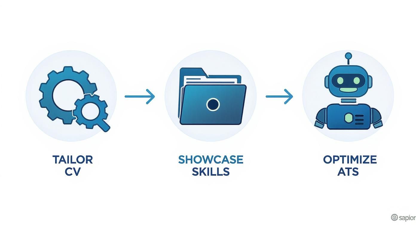 Infographic showing a three-step process to prepare a CV for medical writing jobs, including tailoring the CV, showcasing skills, and optimising for ATS.