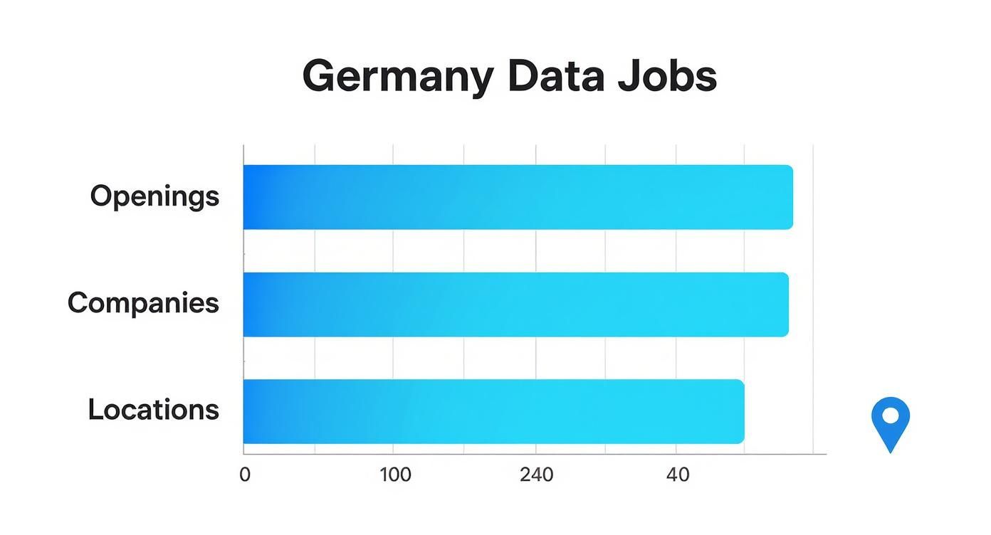 Horizontal bar chart visualizing Germany Data Jobs statistics for openings, companies, and locations.