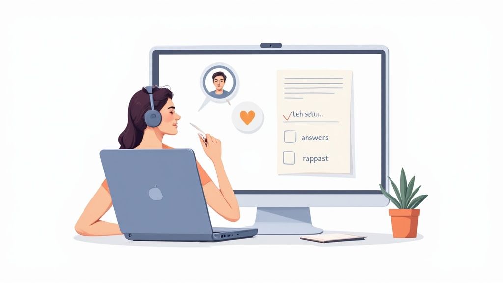 A woman wearing headphones works on a laptop, viewing a monitor with a social media interface.