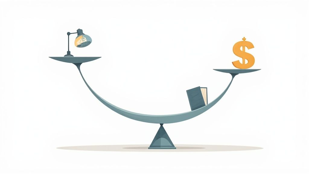 A person at a desk with a calculator and documents, negotiating terms over a video call on a laptop.