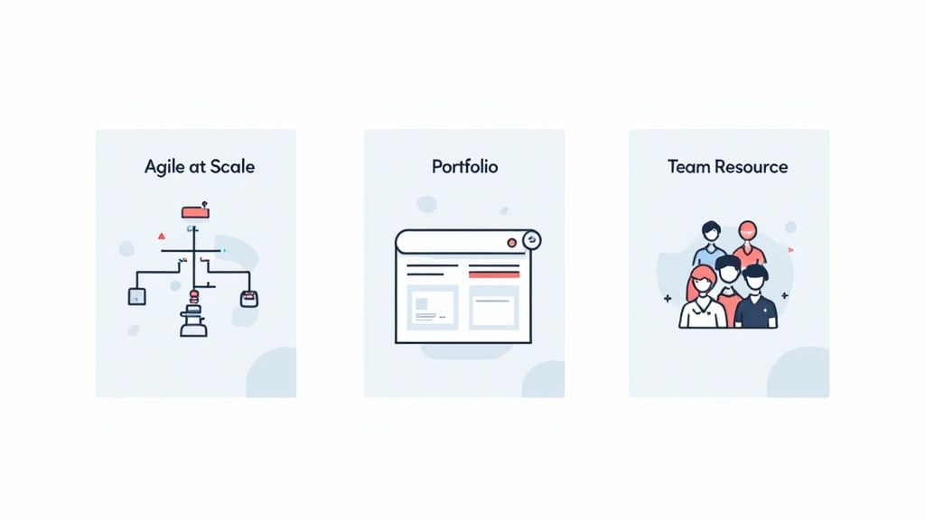 Three graphical cards depicting business management concepts: Agile at Scale, Portfolio, and Team Resource.