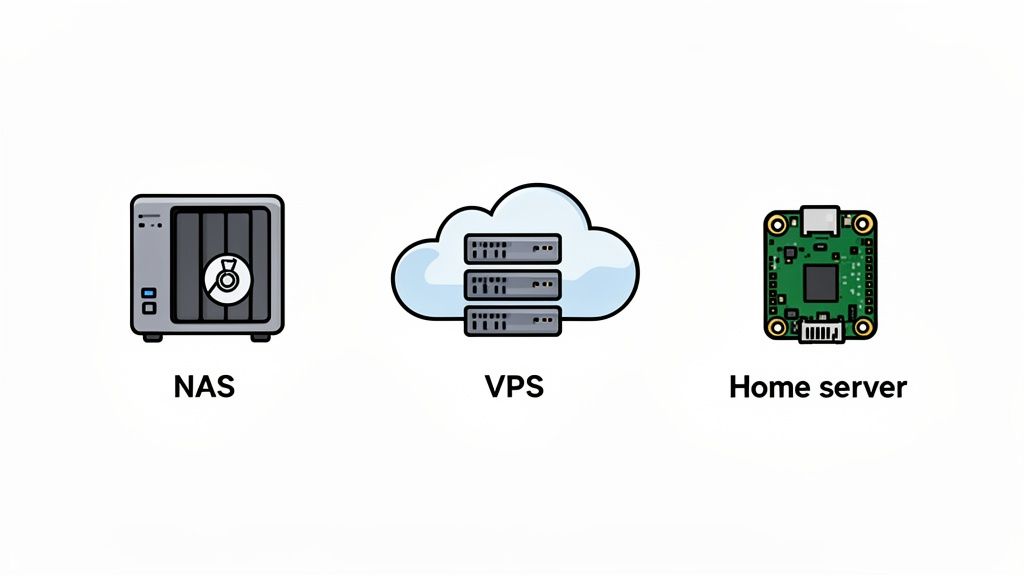 Three self-hosting options are depicted: a NAS, a VPS (cloud server), and a home server (like a Raspberry Pi).