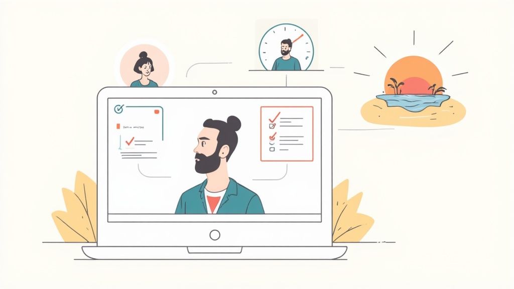 A person participating in a video call in a well-lit home office, looking engaged and professional.