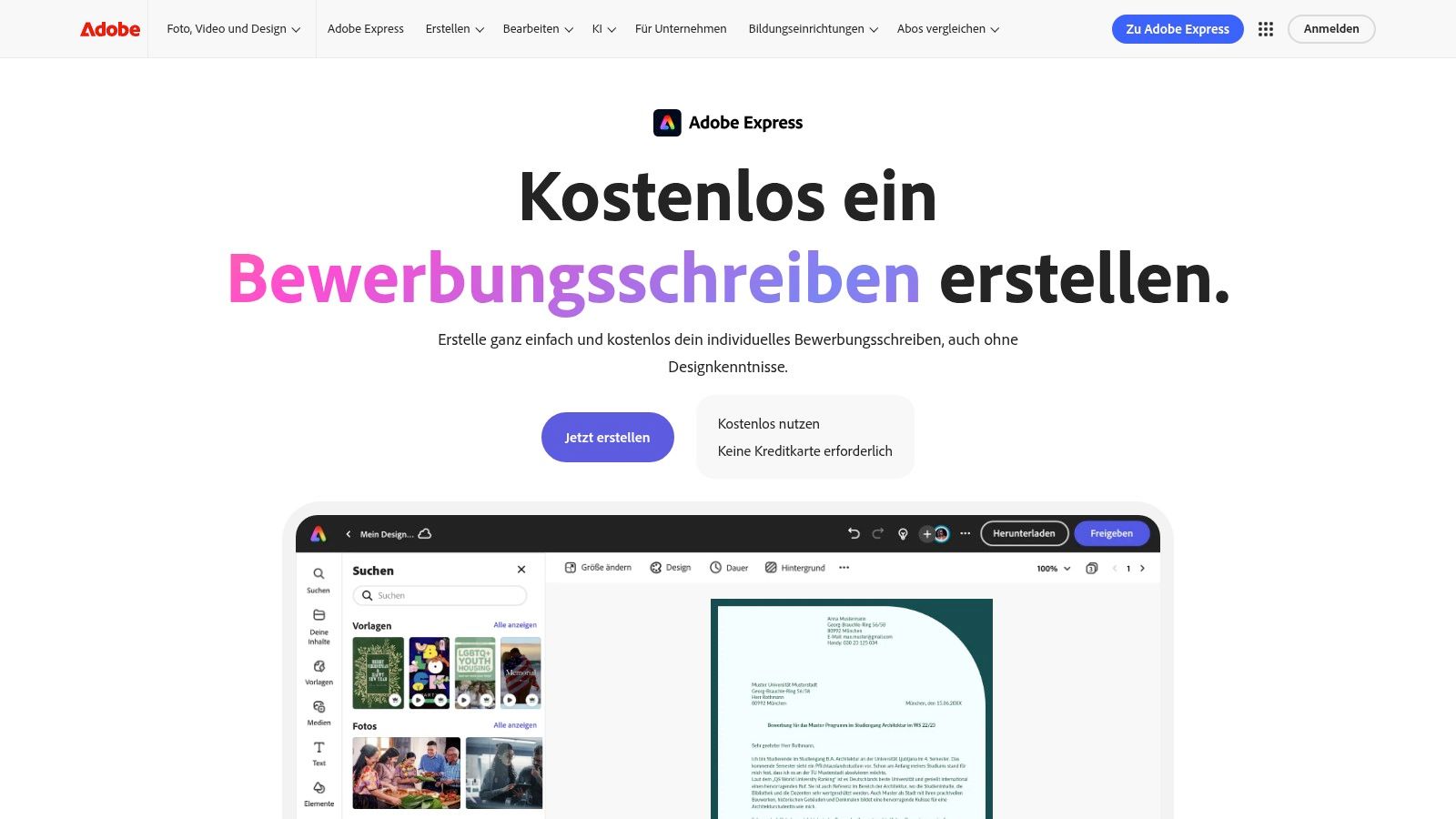 Adobe Express – Bewerbungsschreiben online erstellen